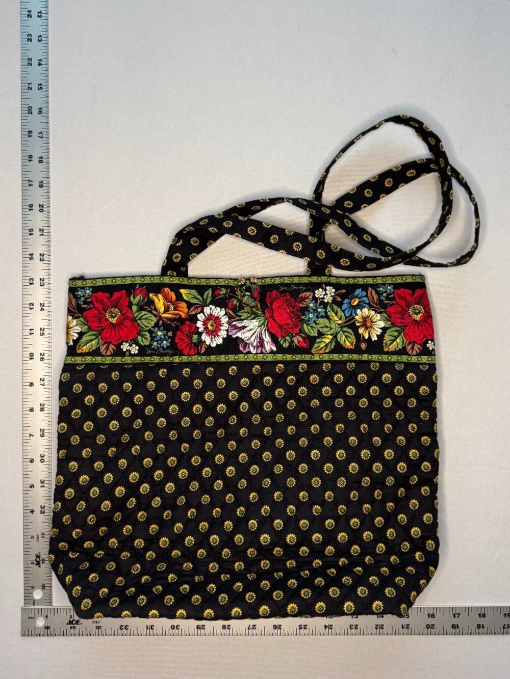 Vera Bradley Vibrant Black Tote Bag Vintage Retired Quilted Cotton Floral Border